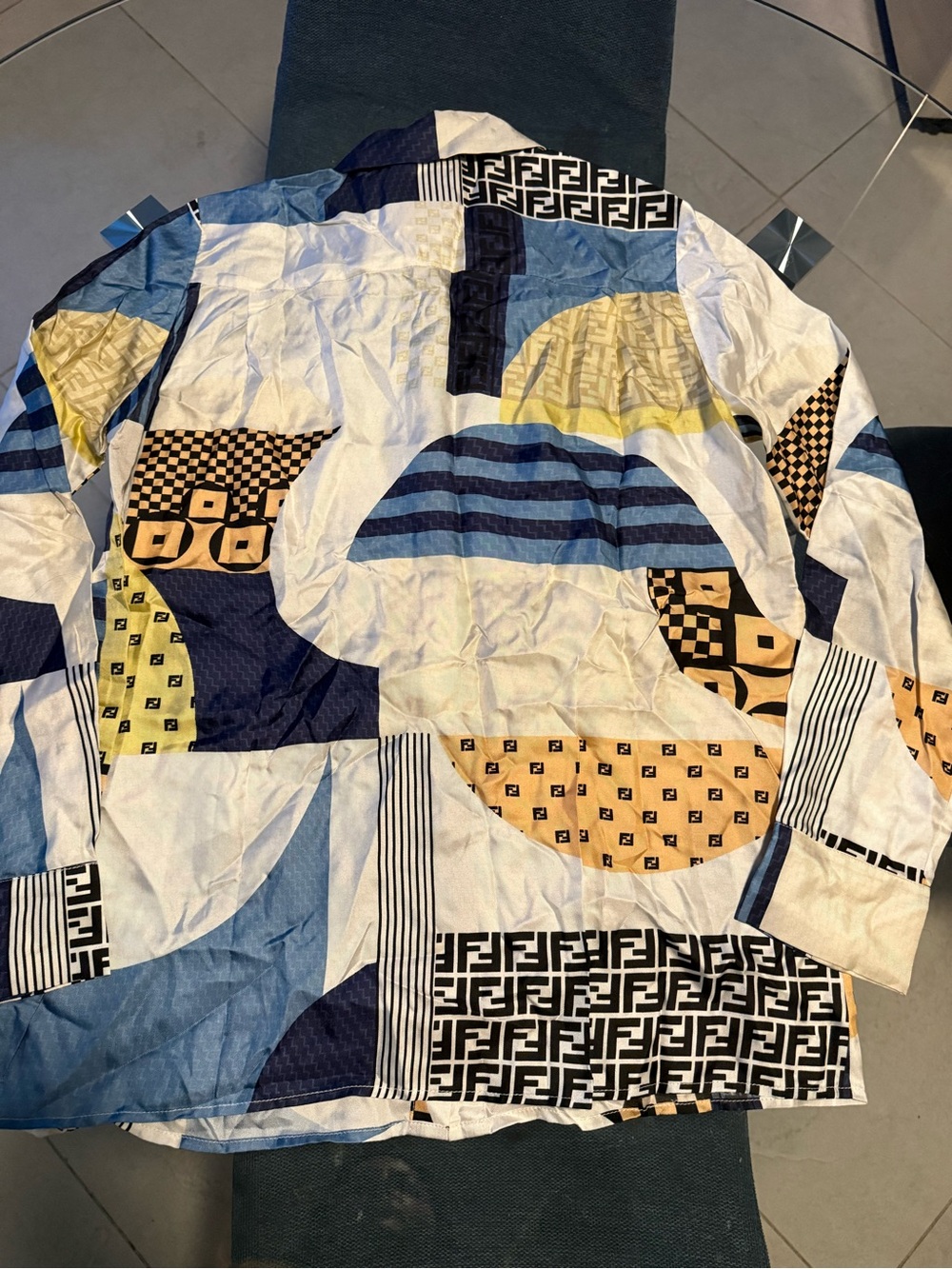 Fendi Blue, Navy, Yellow & Cream Geometric Patchwork Shirt - Picture 3 of 3